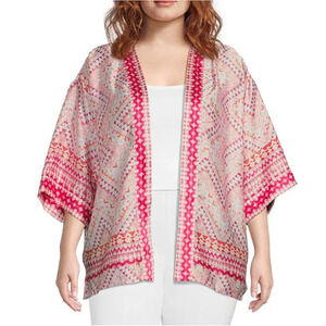 Slim Factor Satiny Mosaic Tile Open Front Short Sleeve Kimono Shirt Plus Sz 3X